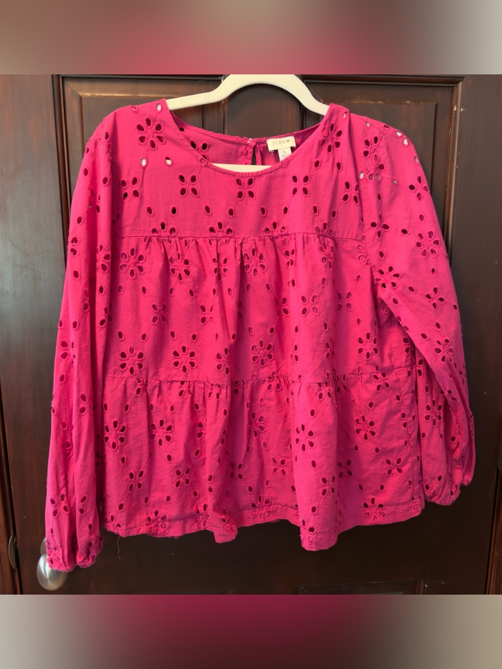 J. Crew Tiered Eyelet Blouse in Bright Pink